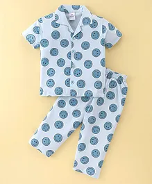 Ollypop Sinker Half Sleeves Smileys Print Night Suit - Powder Blue