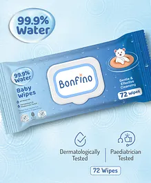 Bonfino 99.9% Water Extra Mild, Unscented Baby Wipes with Lid - 72 Pieces, Gentle & Pure Wipes, Dermatologically Tested, pH Balanced, Gentle & Effective Cleansing, Free from Alcohol, Parabens, Sulphates