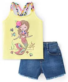 Babyhug Single Jersey Sleeveless Top and Denim Shorts Set Mermaid Print - Yellow & Blue