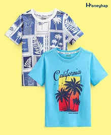 Honeyhap Premium 100% Cotton Half Sleeves Beach Print T-Shirts with Bio Finish Pack of 2 - Bright & White Splish Splash