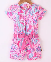 Dew Drops Cotton Poplin Woven Half Sleeves Jumpsuit Abstract Print - Pink