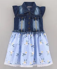 Enfance Cap Sleeves Embroidered With   Striped & Floral Printed Flared Denim Dress - Sky Blue