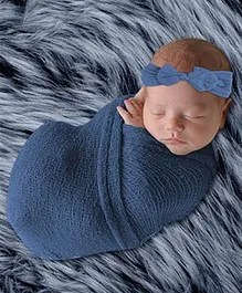 Babymoon Stretchable Swaddle Wrap, Fur & Hairband New Born Bay Photography Prop Set of 3 - Blue