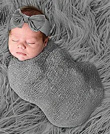 Babymoon Stretchable Swaddle Wrap, Fur & Hairband New Born Bay Photography Prop Set of 3 - Grey