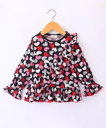 CrayonFlakes Full Sleeves Frill Detailed All Over Hearts Printed Top - Black & Multi Colour