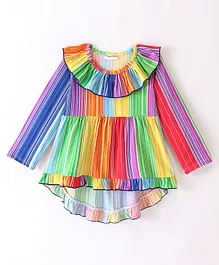 CrayonFlakes Full Sleeves Frill Detailed Rainbow Striped Designed High Low Top - Multi Colour