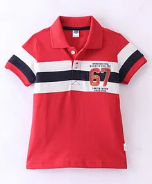 Teddy Cotton Sinker Knit Half Sleeves Polo T-Shirt Stripes & Number Embroidery - Red