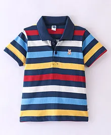 Teddy Cotton Sinker Knit Half Sleeves Polo T-Shirt Stripes & Teddy Embroidery - Multicolor