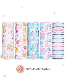 Zoe 100% Cotton Muslin Multipurpose Swaddle Wrap Pack of 5 Flamingo Print- Multicolour