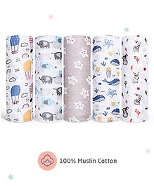 Zoe 100% Cotton Muslin Multipurpose Swaddle Wrap Pack of 5 Hot Air Balloon Print- Multicolour