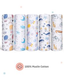 Zoe 100% Cotton Muslin Multipurpose Swaddle Wrap Pack of 5 Animal Print- Multicolour| Adjustable Design| Soft Breathable Fabric| Gentle of Baby's Skin| Comfortable Warm and Soothing| Machine washable| Lightweight & Travel Friendly| New Born Gifting O