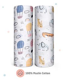 Zoe 100% Cotton Muslin Multipurpose Swaddle Wrap Pack of 2 Hot Air Balloon Print- Multicolour