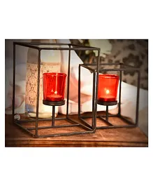 Hosley Set of 2 Red Glass Tealight Candle Holders Embedded in Black Frames and 2 Tea Lights