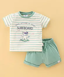 First Smile Sinker Half Sleeves Striped T-Shirt & Shorts Set Surf Board Print - Cream & Green