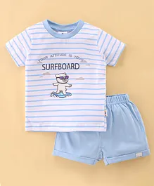 First Smile Sinker Half Sleeves Striped T-Shirt & Shorts Set Surf Board Print - White & Blue