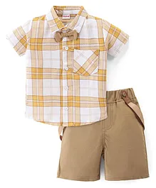 Babyhug 100% Cotton Woven Half Sleeves Shirt & Shorts With Bow & Suspender Checkered - Beige & Brown