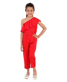 Kids Cave Girls One Shoulder Ruffle Detailed  Jumpsuit - Red