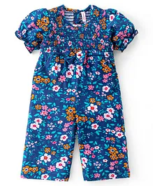Babyhug Cotton Jersey Knit Half Sleeves Smocking  Jumpsuit with Floral Print - Navy Blue