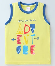Taeko Single Jersey Knit Sleeveless T-Shirt Text Print- Yellow