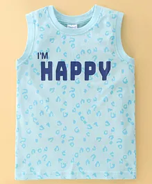 Taeko Single Jersey Knit Sleeveless T-Shirt Cheetah Theme Text Print- Sky Blue