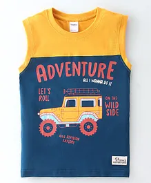 Taeko Single Jersey  Knit Sleeveless T-Shirt With Vehicle Print - Yellow & Blue