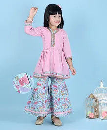 KIDS FARM 100% Cotton Three Fourth Sleeves Lace Embellished & Watercolor Effect Floral Printed Coordinating Sharara Set - Pink