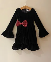 My Pink Closet Full Bell Sleeves Sequin Bow Applique Embellished Overlapped Dress - Black