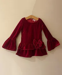 My Pink Closet Velvet Full Bell Sleeves Bow Embellished Layered Dress - Red