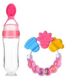 Silicone Squeezy Food Feeder Bottle With Spoon & Rattle Teether - Pink