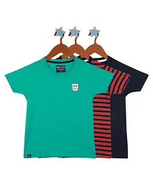Monte Carlo Pack Of 3  Half Sleeves Striped & Run Text  Printed Tees - Red Navy Blue & Green