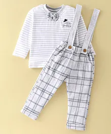 Jb Club Full Sleeves Striped Tee With Checked Dungaree Set - Grey