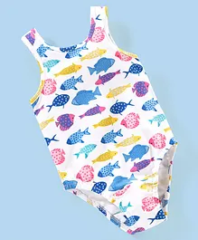Babyhug V Cut Sleeveless Swimsuit Fish Print -White