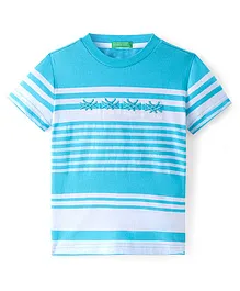 UCB Cotton Knit Half Sleeves Jacquard Striped T-Shirt With 3D Text Embroidered - Blue