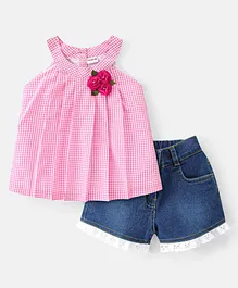 Babyhug 100% Cotton Knit Sleeveless Checked Top & Shorts Set - Pink & Blue