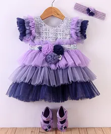 Enfance Cap Ruffle Sleeves Flower Applique Detailed Layered Dress With Headband And Booties - Lavender