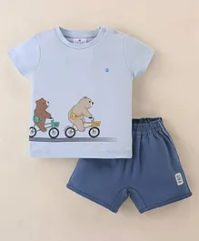 First Smile Interlock Half Sleeves T-Shirt & Shorts With Teddy Print - Blue