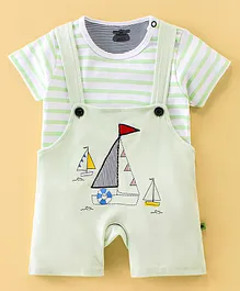 Mini Taurus Cotton Knee Length Dungaree with Half Sleeves Striped Inner Tee with Boat Embroidery - Light Green