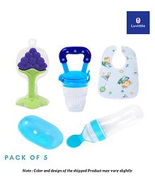 Luvlittle Baby Fruit Feeder Pacifier Silicone Baby Food Dispensing Spoon 90 ml Fruit Teether Finger Brush & Baby Bib - Blue