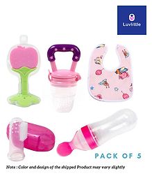 Luvlittle Baby Fruit Feeder Pacifier Silicone Baby Food Dispensing Spoon 90 ml Fruit Teether Finger Brush & Baby Bib - Pink