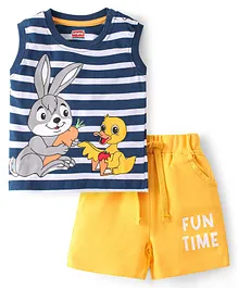 Babyhug 100% Cotton Knit Sleeveless T-Shirt & Shorts With Striped & Animals Print - Blue & Yellow
