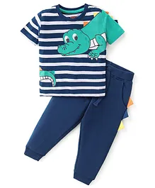 Babyhug Cotton Knit Half Sleeves Striped T-Shirt & Lounge Pant Set Croc Print - Blue