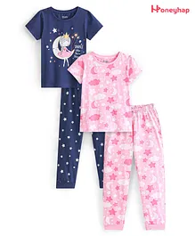Honeyhap Premium 100% Cotton Single Jersey With Bio Finish Half Sleeves Night Suit Moon & Clouds Print Pack Of 2 - Rose Shadow & Navy Peony
