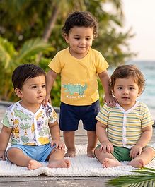 Babyhug 100% Cotton Knit Half Sleeves Front Open Vest Stripes & Jungle Safari Theme Pack of 3 - Yellow White & Green
