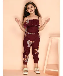 Kids Cave Crepe With 100% Cotton Lining Sleeveless All Over Flowers Printed & Frill Detailed Jumpsuit - Maroon