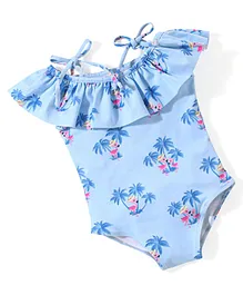 Babyhug Sleeveless V Cut Swimsuit Flamingo Print - Blue