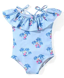 Babyhug Sleeveless V Cut Swimsuit Flamingo Print - Blue