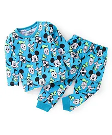 Babyhug Disney Cotton Knit Full Sleeves Night Suit Mickey Mouse Print - Blue