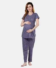 Fabme Half Sleeves Abstract  Printed Maternity Top & Pajama Set With Concealed Zipper Nursing Access - Purple