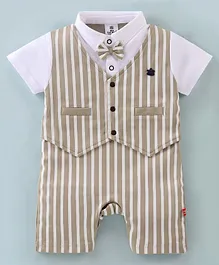 Mini Taurus Cotton Knit Half Sleeves Striped Party Romper with Attached Waistcoat - Beige