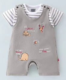Mini Taurus Cotton Whales Printed Dungaree Style Romper with Half Sleeves Striped Inner Tee - Grey
